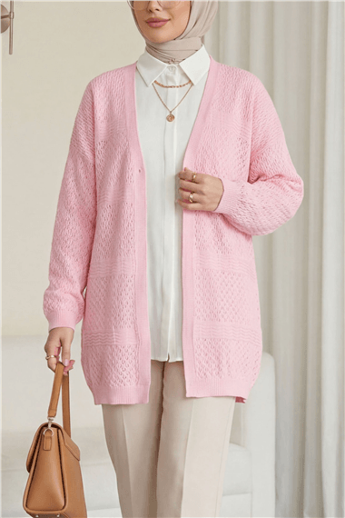 Ajurlu Dalga Desenli Triko Hırka  -Pembe