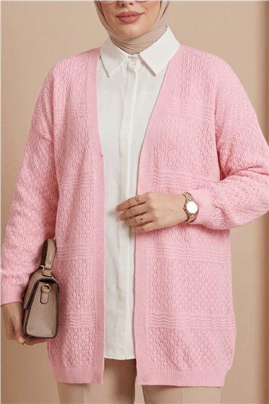 Ajurlu Dalga Desenli Triko Hırka  -Pembe