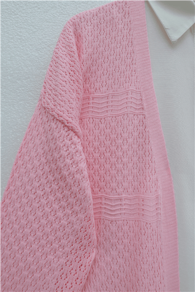 Ajurlu Dalga Desenli Triko Hırka  -Pembe