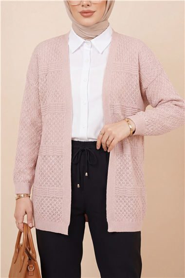 Ajurlu Dalga Desenli Triko Hırka -Pudra