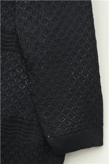 Ajurlu Dalga Desenli Triko Hırka -Siyah