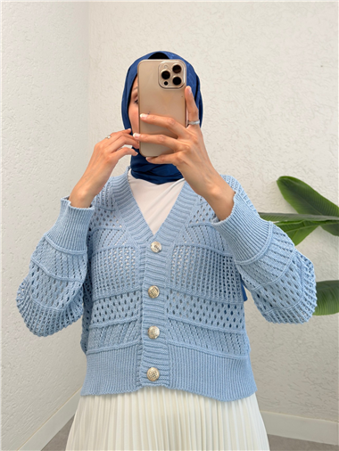 Ajurlu Düğmeli Triko Hırka -Bebe Mavi