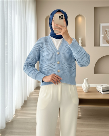 Ajurlu Düğmeli Triko Hırka -Bebe Mavi
