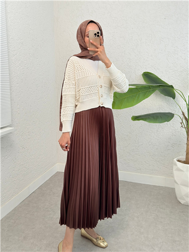 Ajurlu Düğmeli Triko Hırka -Krem