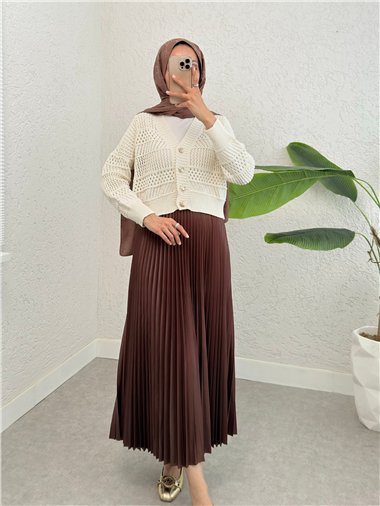 Ajurlu Düğmeli Triko Hırka -Krem