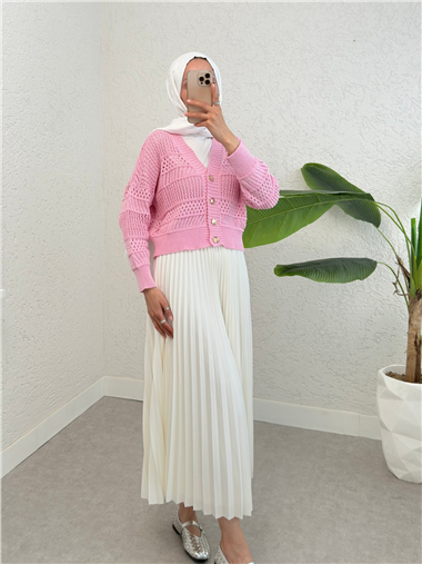 Ajurlu Düğmeli Triko Hırka -Pembe