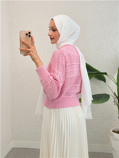 Ajurlu Düğmeli Triko Hırka -Pembe