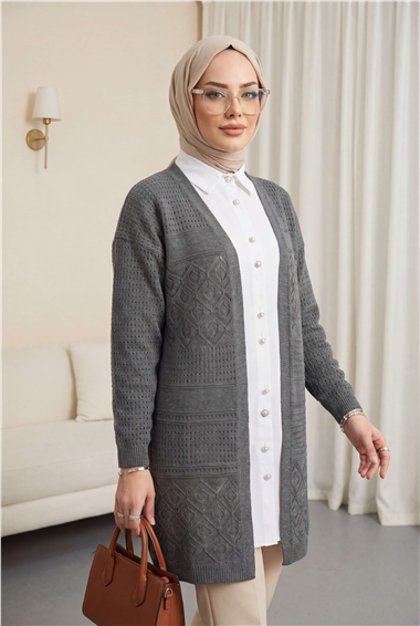Ajurlu Mevsimlik Triko Hırka   -Füme