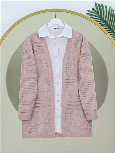 Ajurlu Mevsimlik Triko Hırka   -Pudra