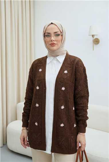 Ajurlu Nakışlı Hırka     -Açık Kahve