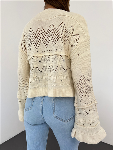 Ajurlu Ponponlu Uzun Kol Triko Kazak -Ekru