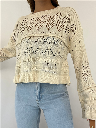 Ajurlu Ponponlu Uzun Kol Triko Kazak -Ekru