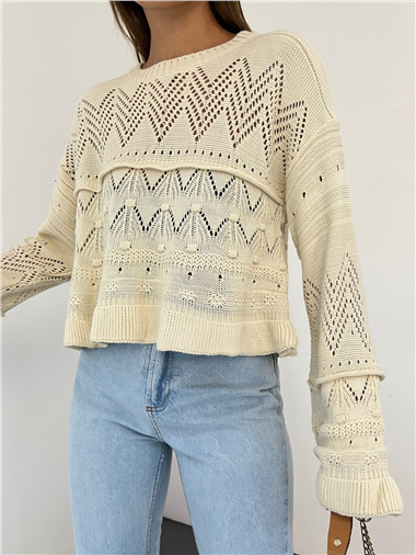 Ajurlu Ponponlu Uzun Kol Triko Kazak -Ekru