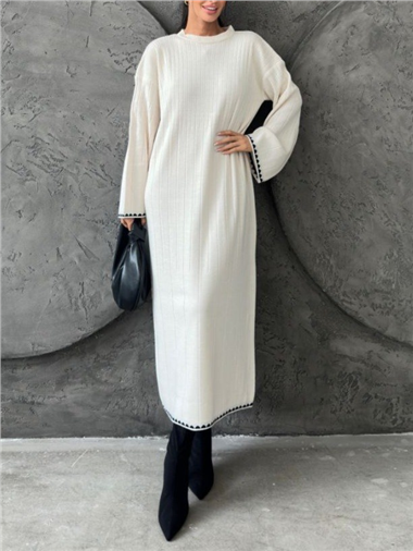 Akordeon Örgü Triko Elbise  -Ekru