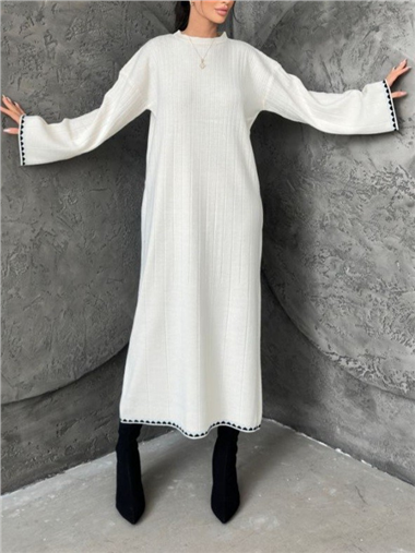 Akordeon Örgü Triko Elbise  -Ekru