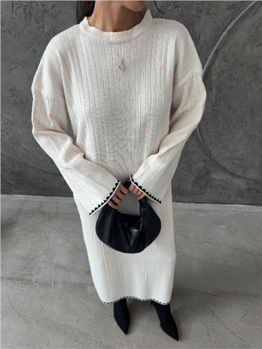 Akordeon Örgü Triko Elbise  -Ekru