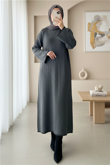 Akordeon Örgü Triko Elbise -Gri