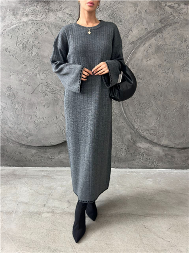 Akordeon Örgü Triko Elbise -Gri