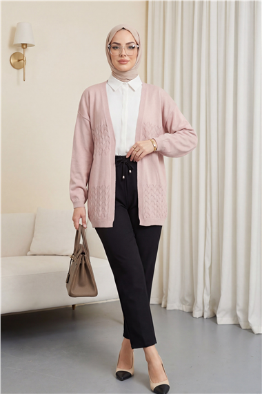 Araboy Ajurlu Triko Hırka -Pudra