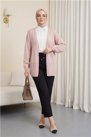 Araboy Ajurlu Triko Hırka -Pudra