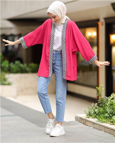 Araboy Etnik Şeritli Kimono -Fuşya