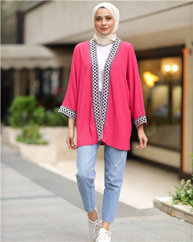 Araboy Etnik Şeritli Kimono -Fuşya
