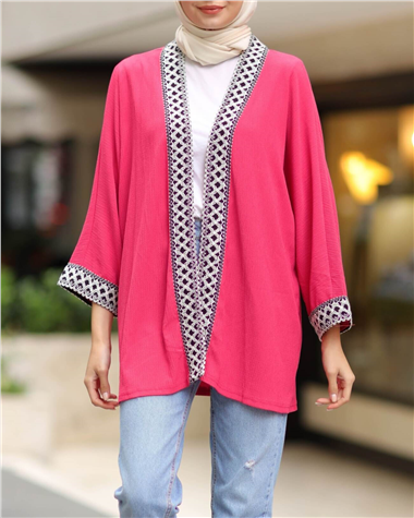 Araboy Etnik Şeritli Kimono -Fuşya