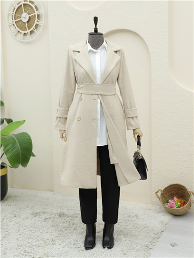 Arkası Bolero Detaylı Kemerli Kaşe Kaban -Bej