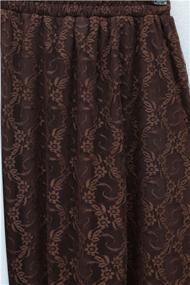 Asimetrik Kesim Astarlı Beli Lastikli Tül Etek -Kahve