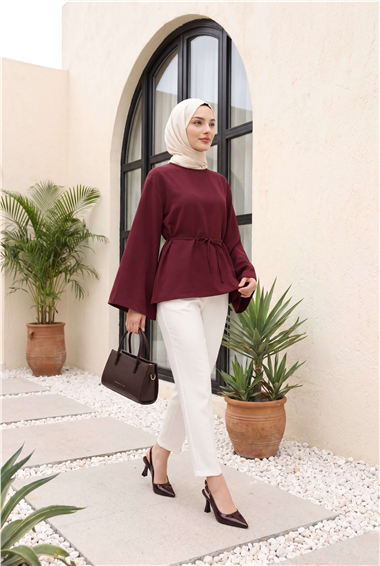 Asimetrik Kesim Beli Bağcıklı Oversize Modal Tunik -Bordo