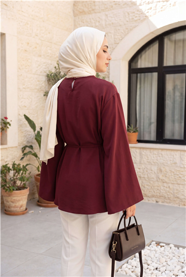 Asimetrik Kesim Beli Bağcıklı Oversize Modal Tunik -Bordo