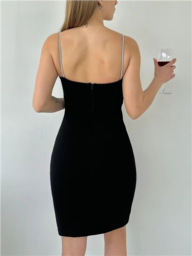 فستان قصير بحزام حجري مفصل - أسود