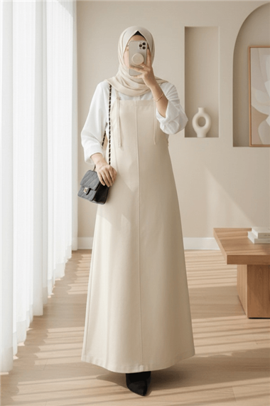Askılı Gabardin Jile Elbise -Bej