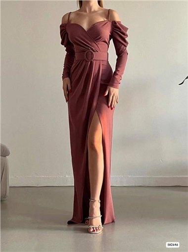 Askılı Kemerli Yırtmaçlı Elbise -G.Kurusu