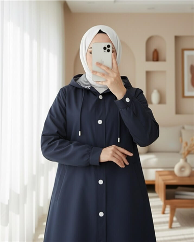 Astarı Çizgili Yan Cepli Kapşonlu Trençkot -Laci