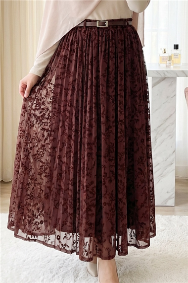 Astarlı Kemerli Kabartma Desenli Organze Etek -K. Bordo