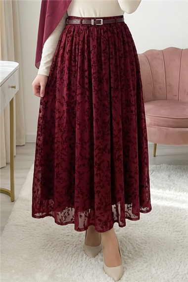 Astarlı Kemerli Kabartma Desenli Organze Etek -Bordo
