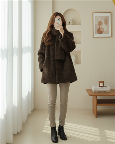 Atkı Detaylı Önü Düğmeli Sakallı Ceket -Kahve