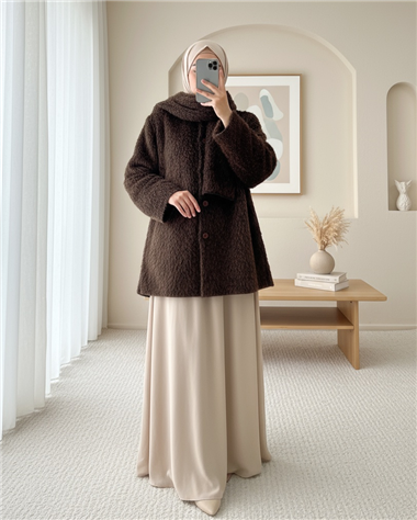 Atkı Detaylı Önü Düğmeli Sakallı Ceket -Kahve