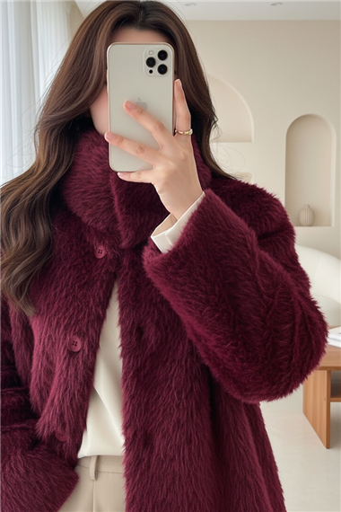 Atkı Detaylı Önü Düğmeli Sakallı Ceket -Bordo