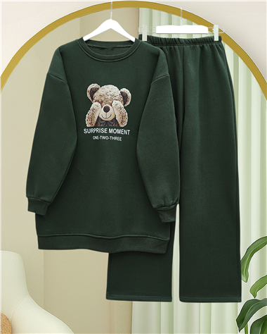 Ayıcık Baskılı Şardonlu 3 İplik Sweat Takım  -Haki