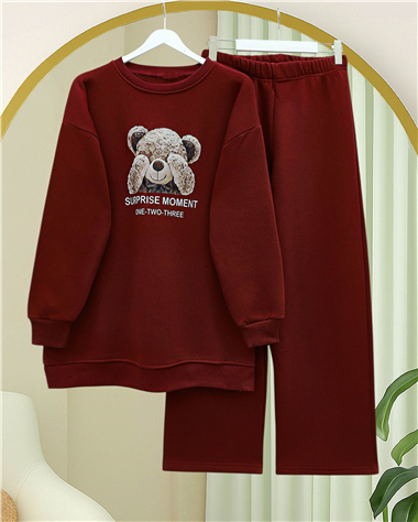 Ayıcık Baskılı Şardonlu 3 İplik Sweat Takım  -Bordo