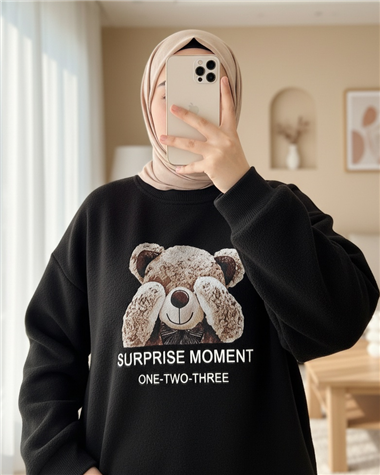 Ayıcık Baskılı Şardonlu 3 İplik Sweat Takım  -Siyah