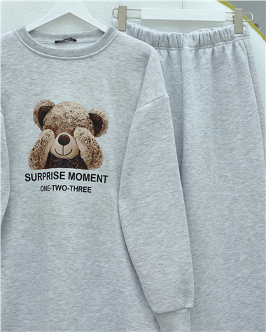 Ayıcık Baskılı Şardonlu 3 İplik Sweat Takım  -Açık Gri