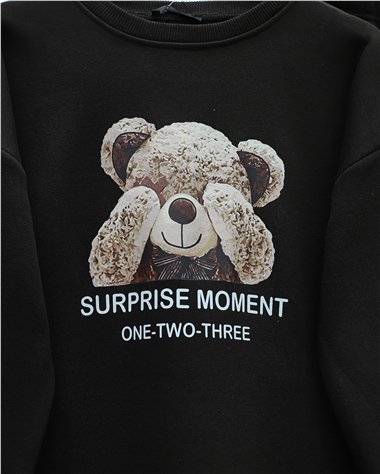 Ayıcık Baskılı Şardonlu 3 İplik Sweat Takım  -Siyah