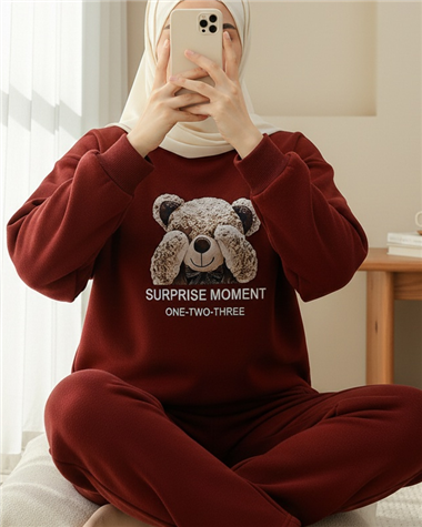 Ayıcık Baskılı Şardonlu 3 İplik Sweat Takım  -Bordo
