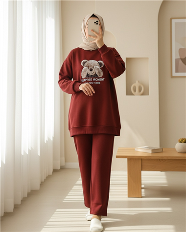 Ayıcık Baskılı Şardonlu 3 İplik Sweat Takım  -Bordo