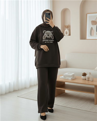 Ayıcık Baskılı Şardonlu 3 İplik Sweat Takım  -K. Kahve