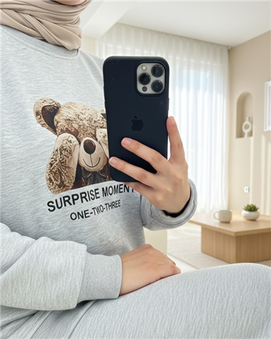 Ayıcık Baskılı Şardonlu 3 İplik Sweat Takım  -Açık Gri