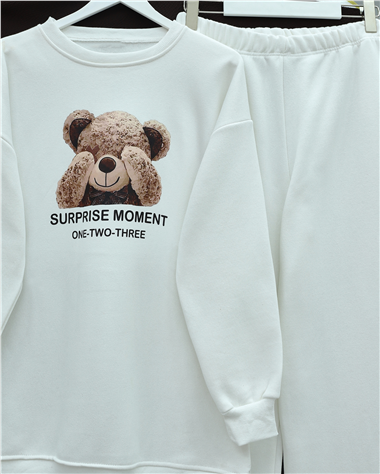 Ayıcık Baskılı Şardonlu 3 İplik Sweat Takım  -Beyaz